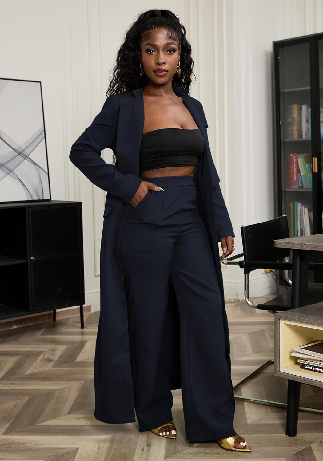 Famnbro Womens Suits 2 Piece Set Long Blazers Jacket Lapel and Straight Leg Pants Business Outfits - Image 2