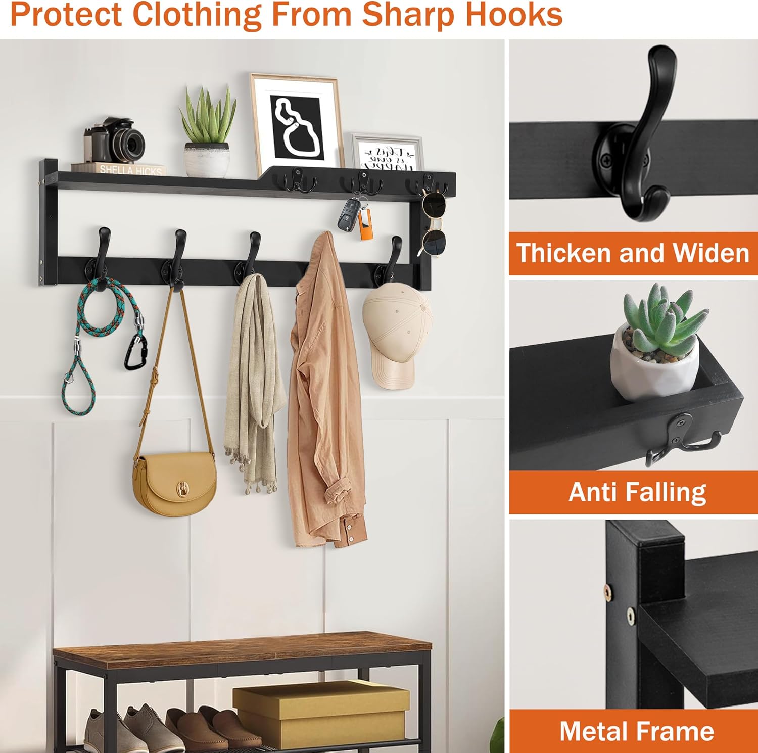 dreampossible 4 in 1 Coat Rack Wall Mount with Shelf, Coat Hooks 25.2" Entryway Coat Hanger with Key Hooks and Mail Holder, Wall Hooks with Shelf, Hat Rack for Wall Key Holder Mail Organizer