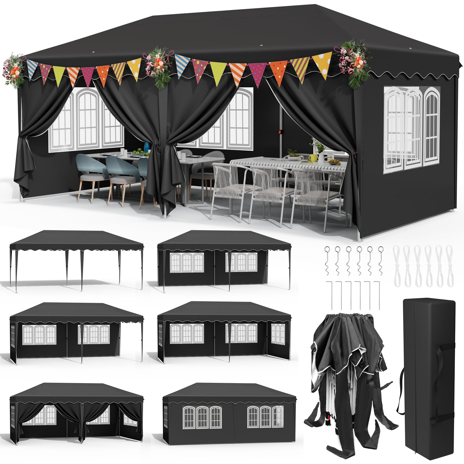 Pop up Gazebo 3x6m, Waterproof 420D Oxford Tent with 6 Removable Sidewalls & Windows, Adjustable Height (250-270cm), UV 50+ Protection, Sturdy Steel Frame for Garden, Parties, Markets