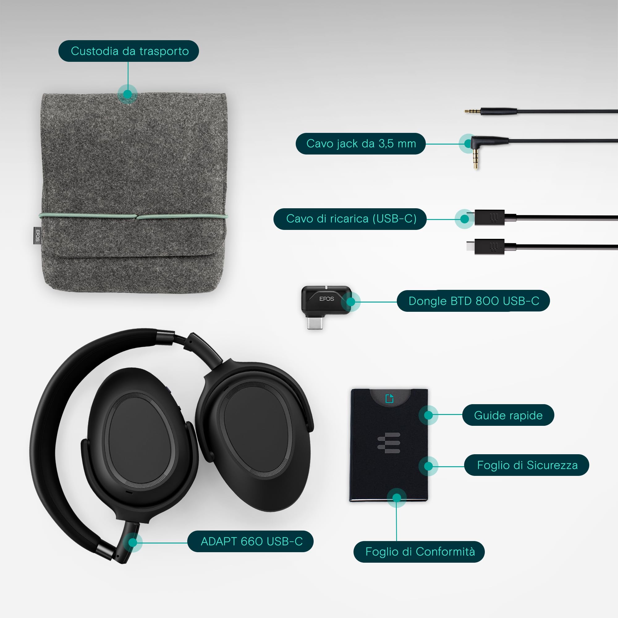 EPOS Cuffie Bluetooth wireless ADAPT 660 USB-C – ANC ibrido, certificazione UC, riduzione del rumore, batteria 30h, connessione dual, audio stereo premium, comfort circumaurale, nero