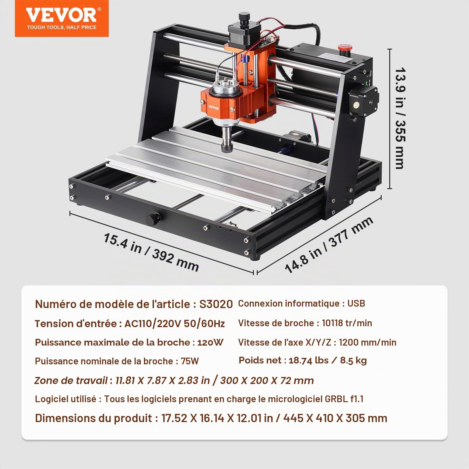 VEVOR Machine Gravure CNC, 120 W, Kit Routeur à Bois 3 Axes GRBL Contrôle Hors Ligne Zone de Travail 300x200x72 mm, Outil de Fraisage Alliage d'Aluminium pour Bois Acrylique MDF PVC Mousse Plastique