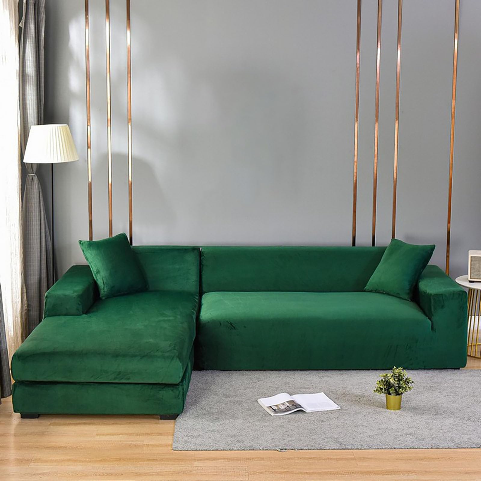Elastyczny welurowy pluszowy pokrowiec na sofę 1-5-osobową w kształcie litery U / L segmentową kanapę antypoślizgowy vintage design uniwersalny krój zielony 90-140 cm