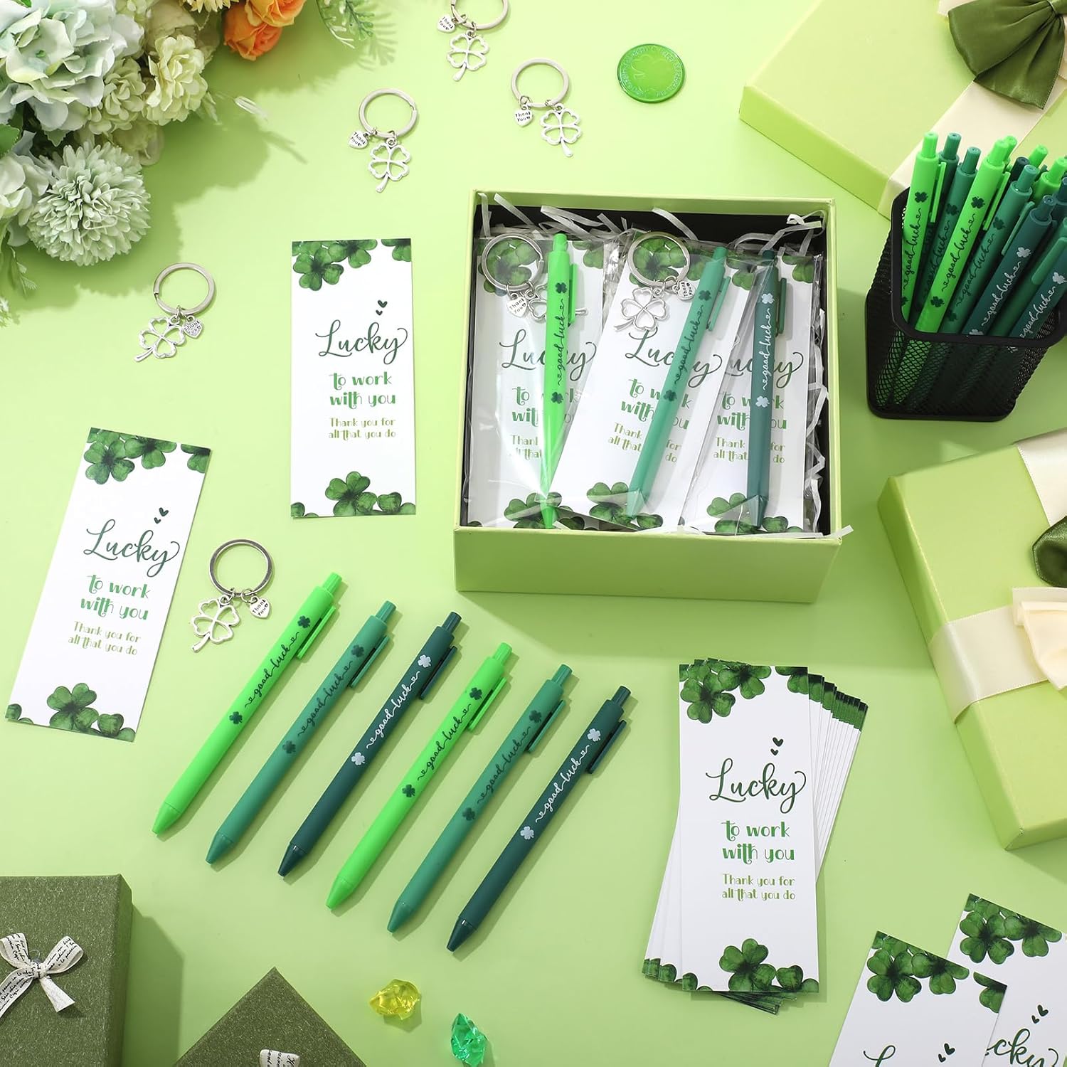 Sayglossy 36 Sets St Patrick's Day Gifts Bulk St Patrick Day Ballpoint Pens Shamrock Pens Lucky Four Leaf Clover Keychains Thank You Cards Good Luck for Employee Coworker Team Staff Irish Favor