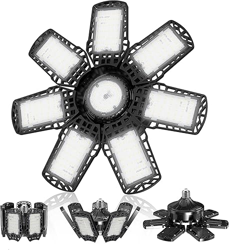 Luz LED de garaje de 200 W, luces LED de tienda de 20000 lúmenes, luces de garaje deformables de techo con 7+1 panel, 7000 K luz diurna ajustable