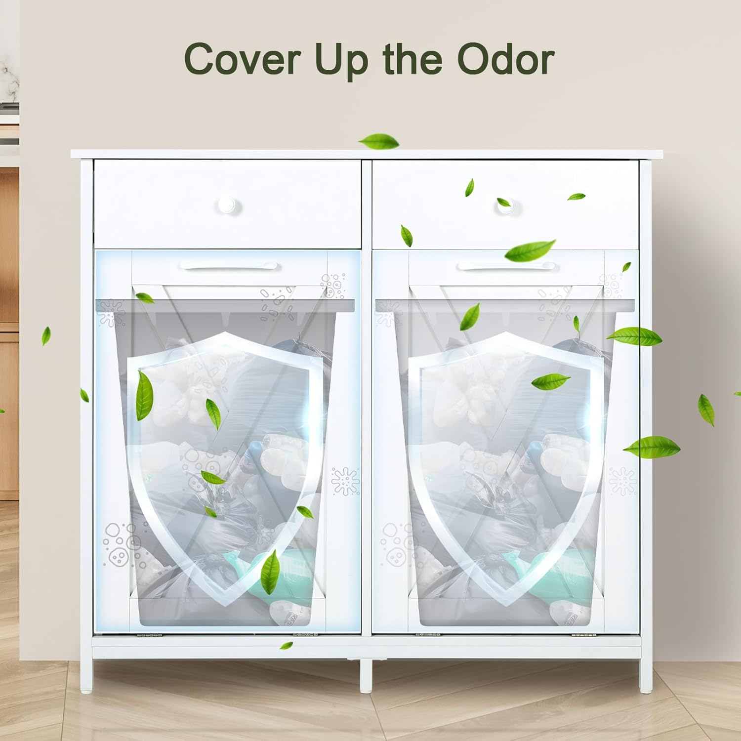 Clevich Double Tilt Out Trash Bin Holder, Wooden Recycling Cabinet w/Drawers & Tabletop, Dog-Proof, NOT Included(White)