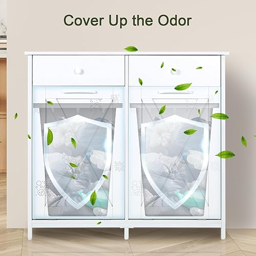 Miniatura 6 de Gabinete de basura con doble inclinación hacia fuera de 20 galones, armario de reciclaje de madera para cocina, soporte oculto con cajones y mesa,