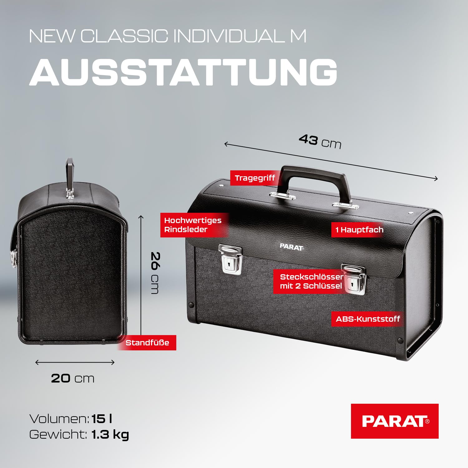 PARAT NEW CLASSIC Individual M leere Werkzeugtasche 15 L | Robuste Ledertasche mit ABS-Seiten & Steckschlössern | Kompakte Profi-Werkzeugtasche mit Tragegriff | Sicher & funktional im Einsatz