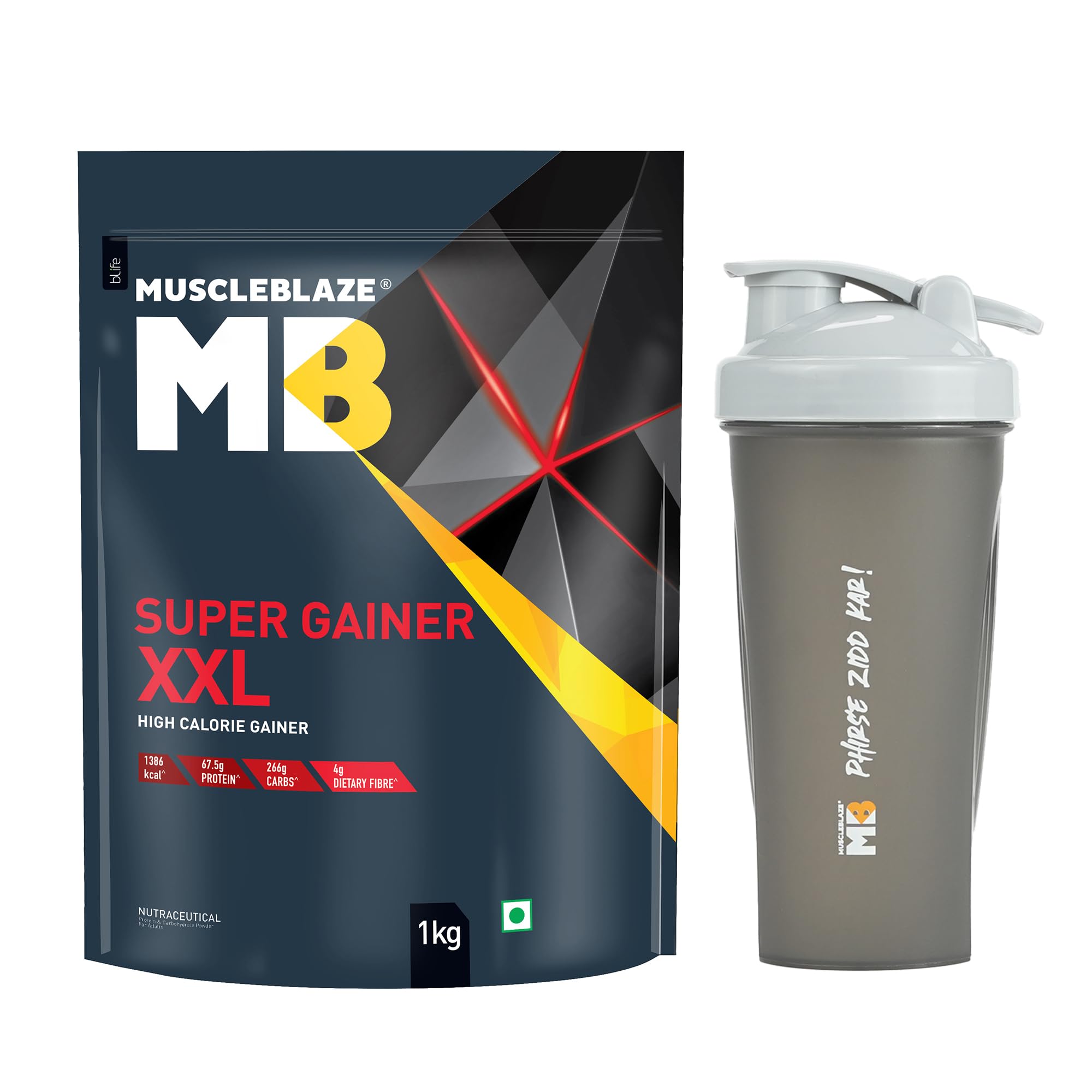 MuscleBlaze Super Gainer XXL Powder, Chocolate Bliss (10 Servings, 1kg / 2.2lbs) with Shaker | Pack of 2 | 15g Protein, 75g Carbs Per Scoop | Muscle Mass High Protein Gainer