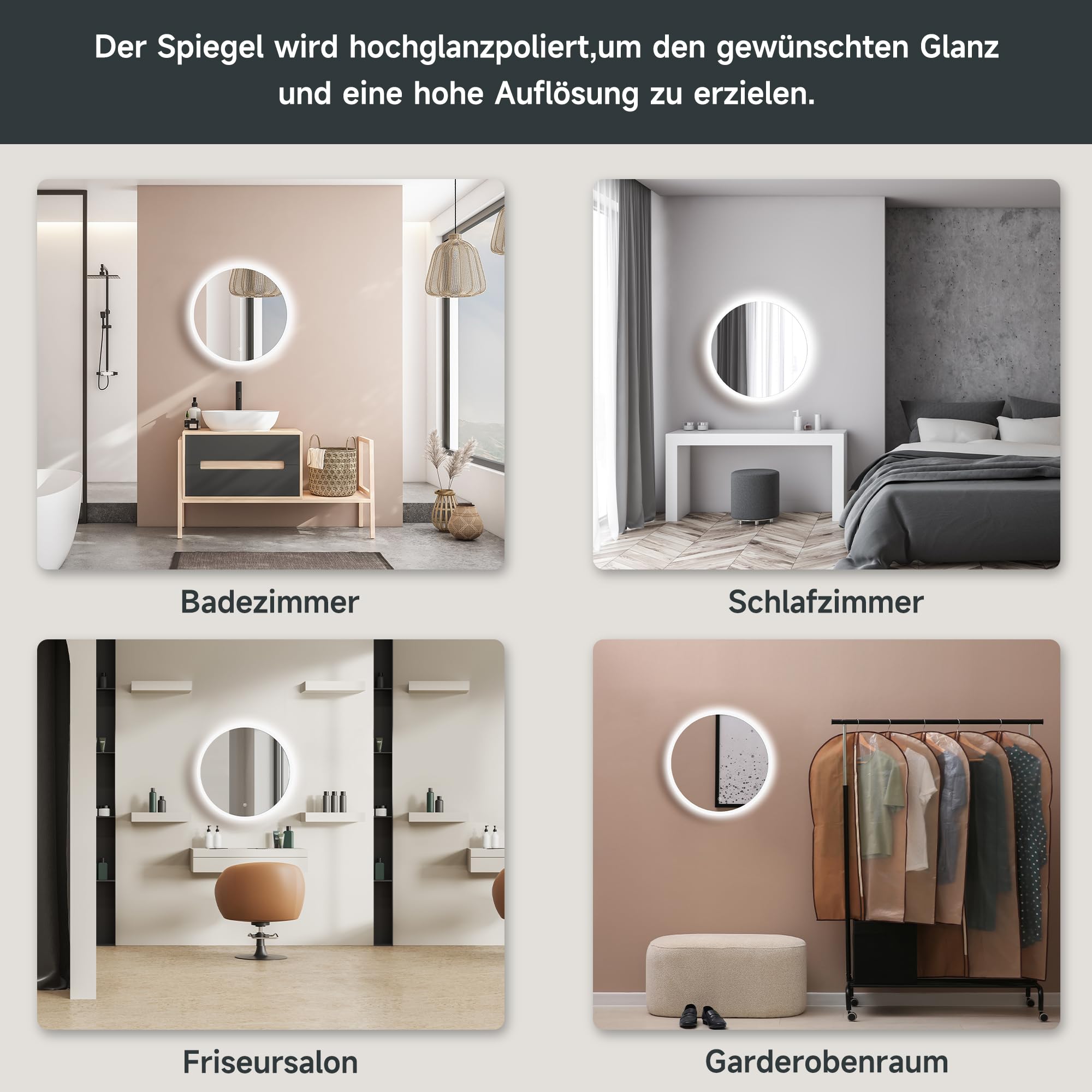 SONNI LED Badspiegel Rund 60cm – Wandspiegel mit Beleuchtung, 3 Farbtemperaturen, Dimmbar, Anti-Beschlag, Memory-Funktion, IP44
