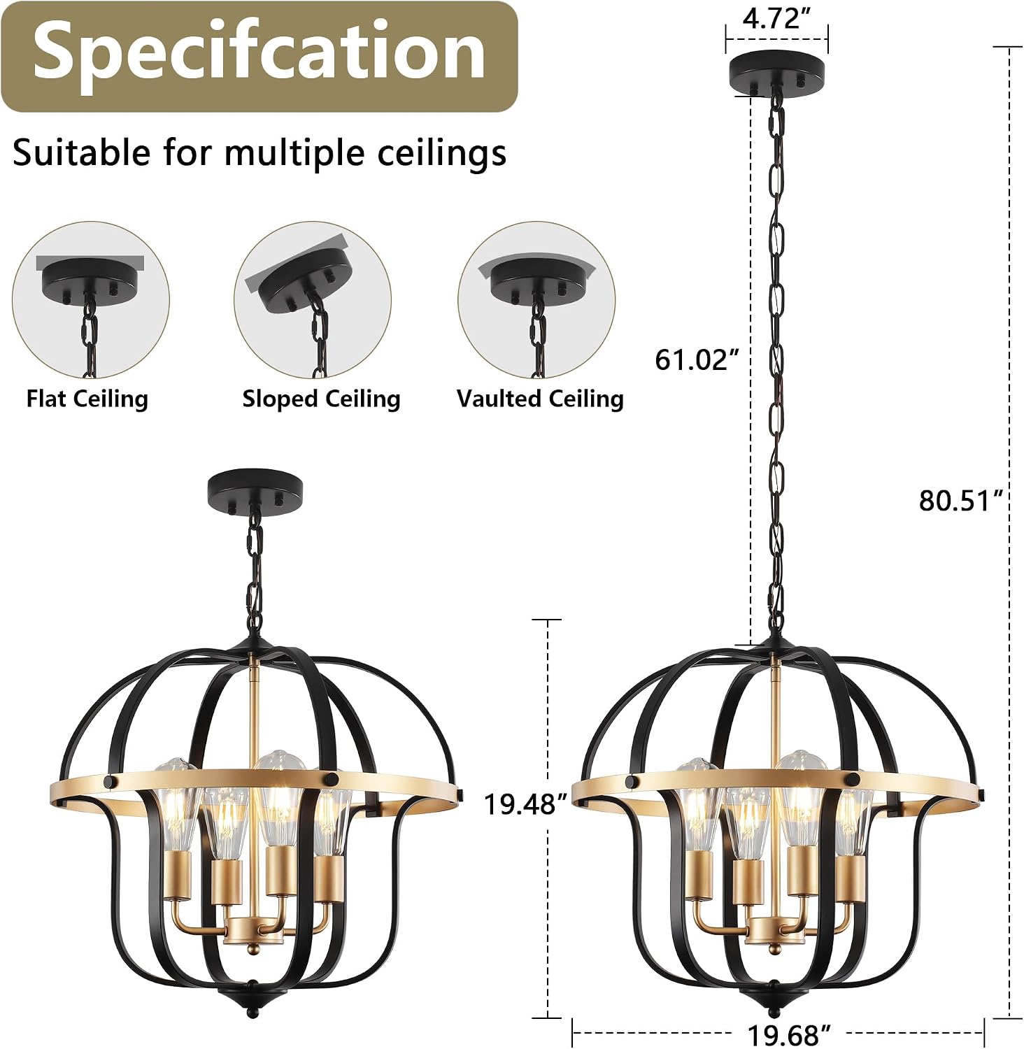 19.7'' Black and Gold Dining Room Light Fixture, 4 Light Modern Farmhouse Industrial Chandelier Rustic Geometric Hanging Pendant Light Fixture for Kitchen Living Room Entryway Hallway