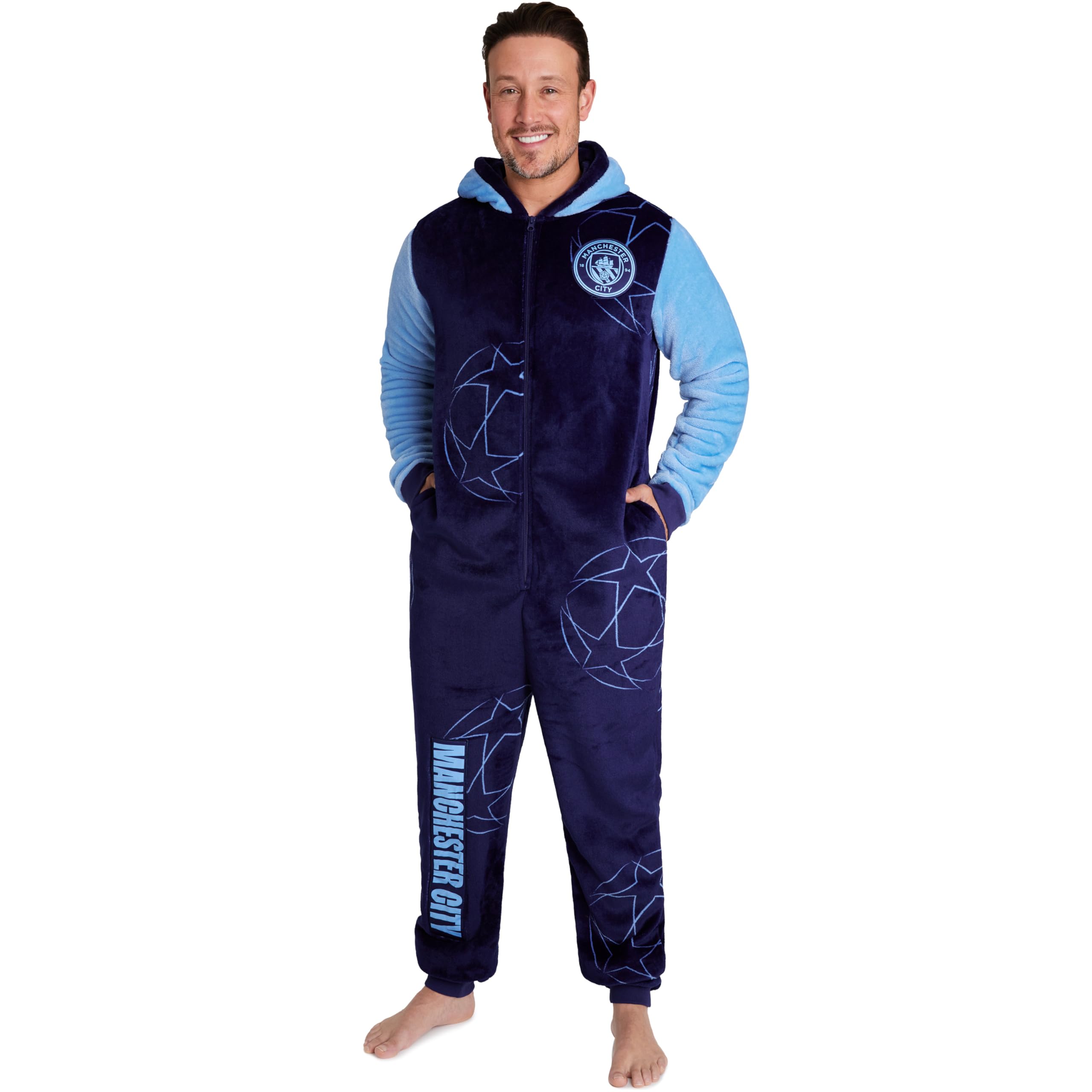 MANCHESTER CITY FC Onesies for Men & Teens, Fleece Hooded Onesie Pyjama, Champions League Football Loungewear, Gifts for Him (L, Blue)