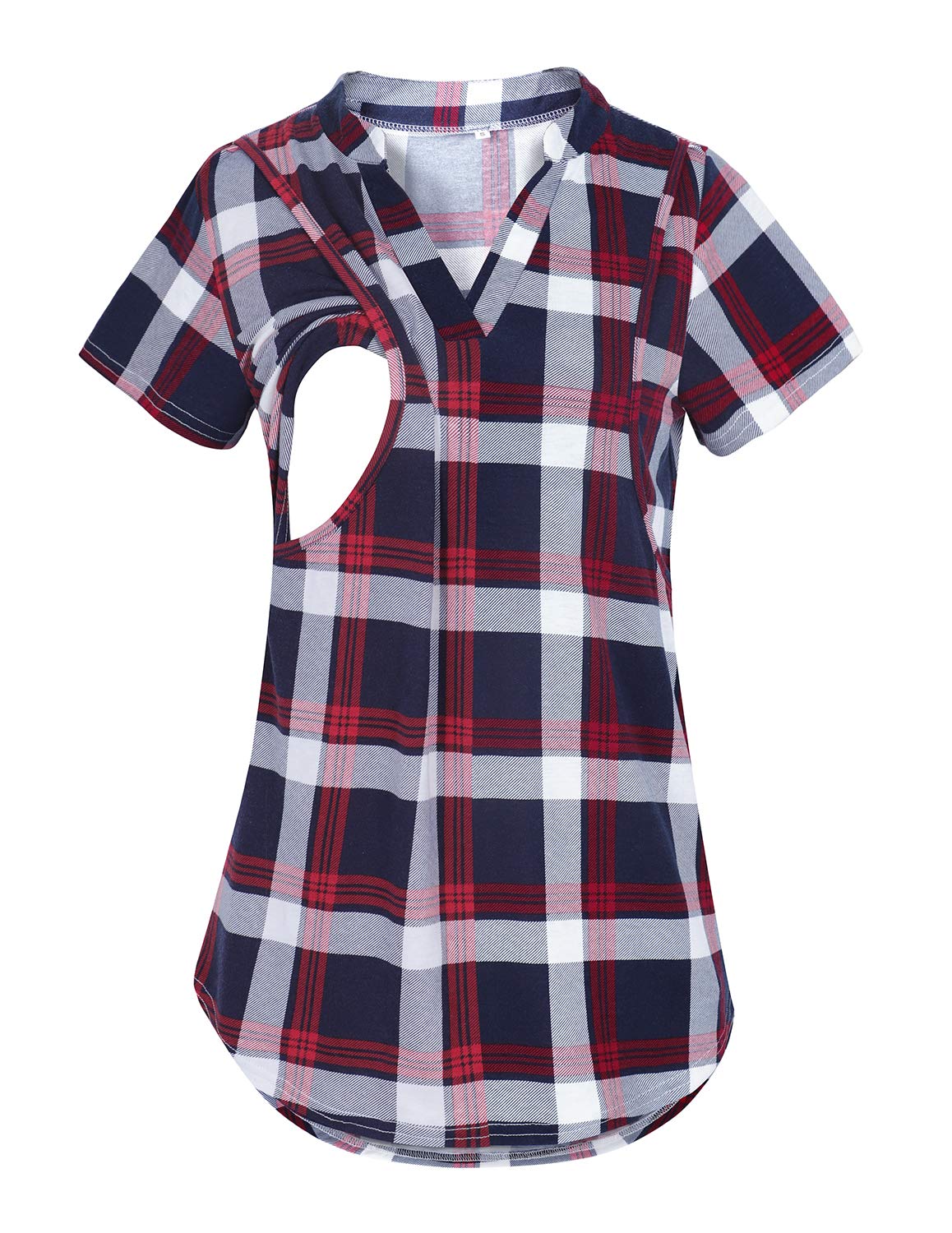 PrettyLife Nursing Tops with Side Pockets Notch Neck Plaid Breastfeeding Blouse Shirt (Short Sleeve - Red, XL)