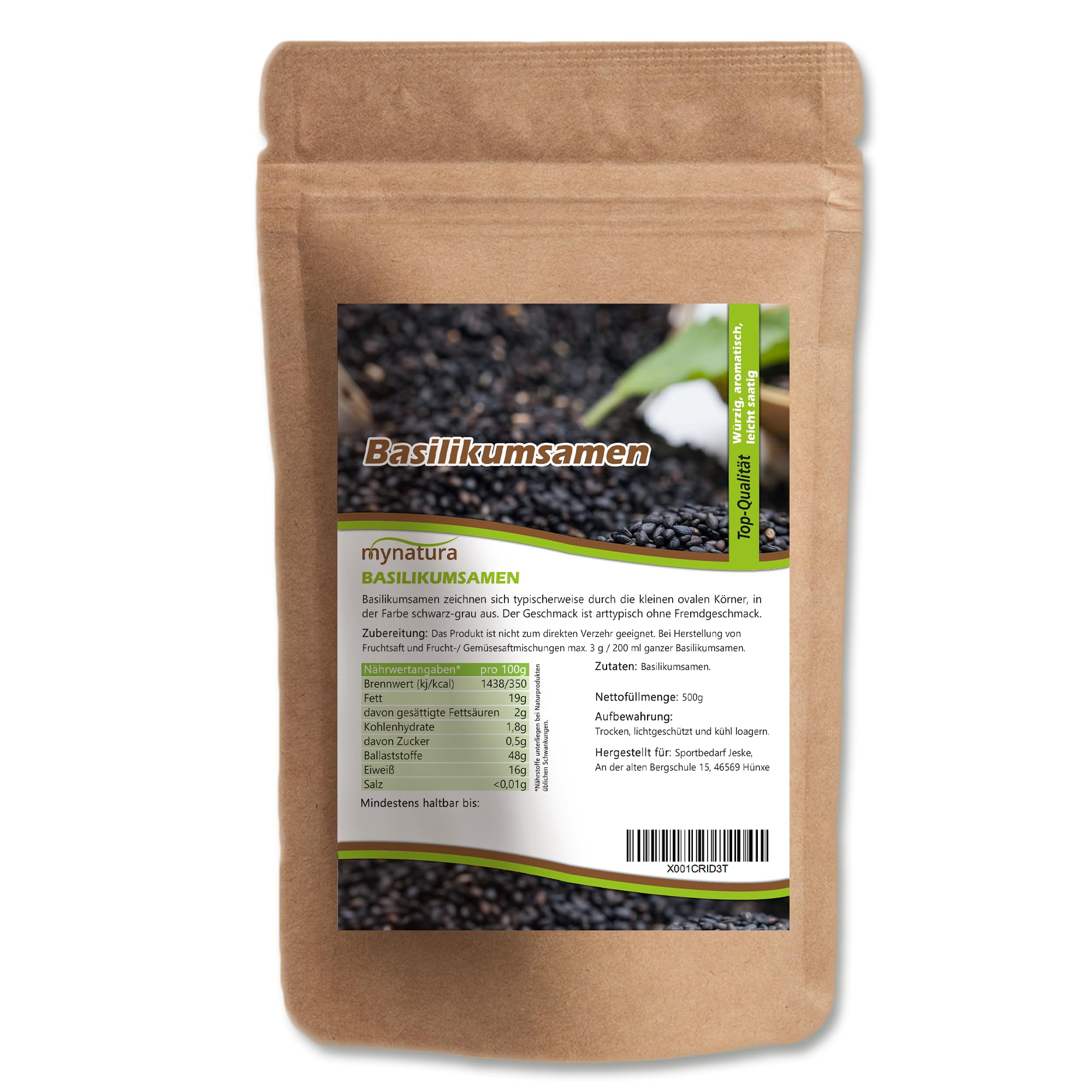 Mynatura Basilikumsamen ganz 500g I Basilikum I Samen I Smoothie I Vegan I Gewürz I Rohkost I Salatdressing I Falooda I Beutel (1x 500g)