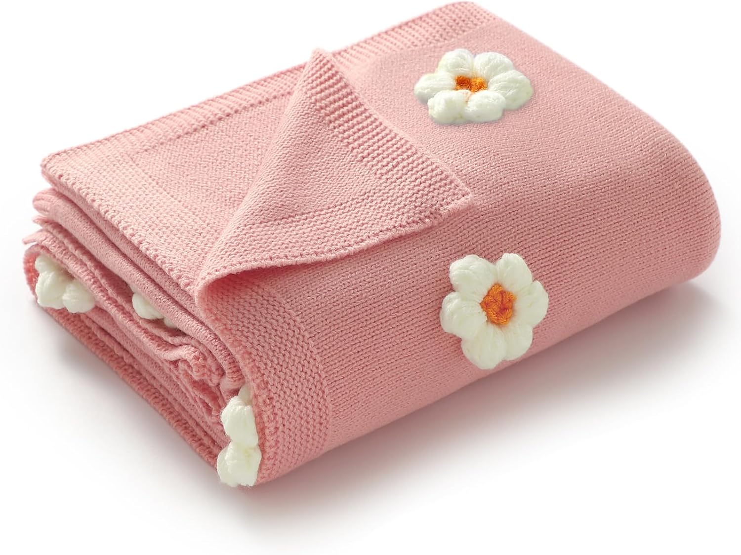 DovFanny Cotton Baby Blanket Soft Knitted Infant Swaddle Receving Crib Blanket with Cute Handmade Flowers