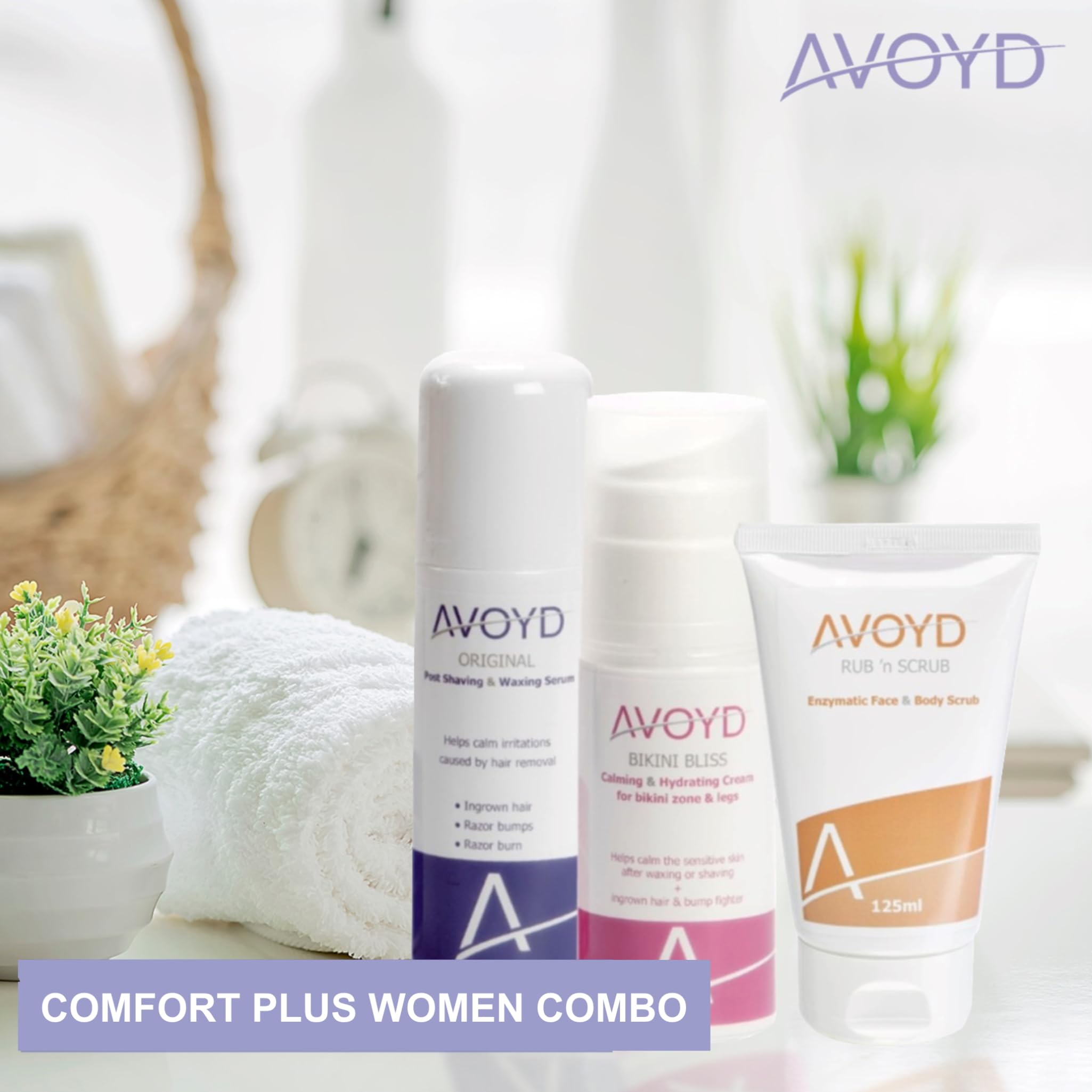 AVOYD Comfort Plus Paket für Frauen gegen Rasierpickel, Rasurbrand und eingewachsene Haare – für glatte Haut nach der Haarentfernung. Avoyd Original + Bikini Bliss + Rub 'n Scrub.