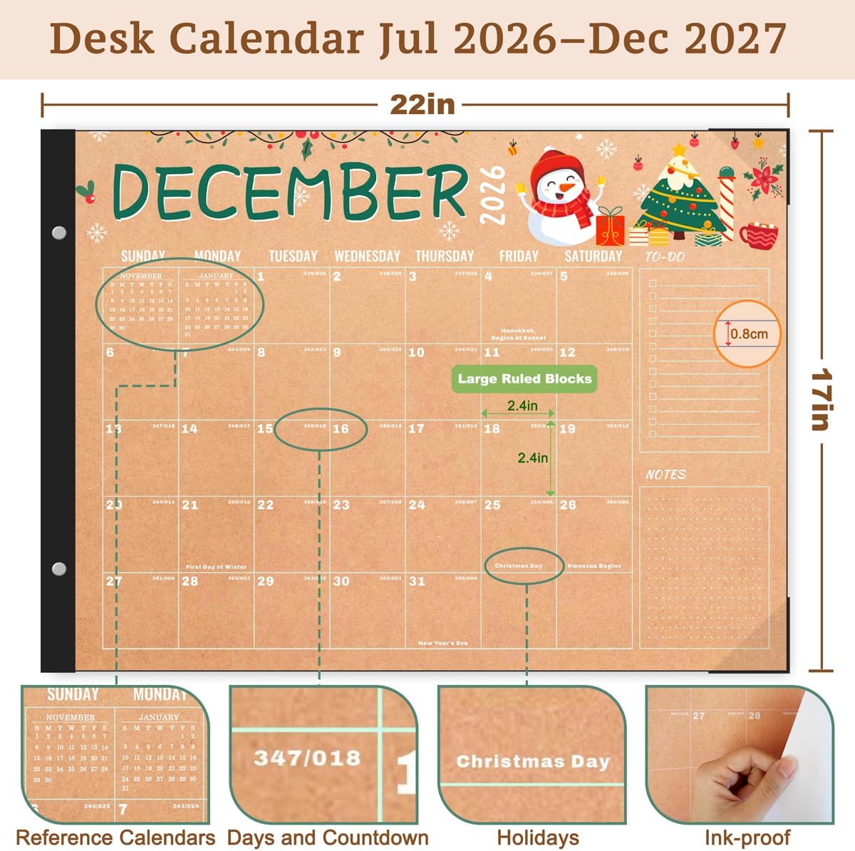 Desk Calendar 2026-2027, Large 22"x17", 18 Months from July 2026 to December 2027, Desktop Calendar with Plastic Cover and Colorful Stickers, Ideal for Home, Office, and School Planning, Doodle Kraft (July.2026-Dec.2027)