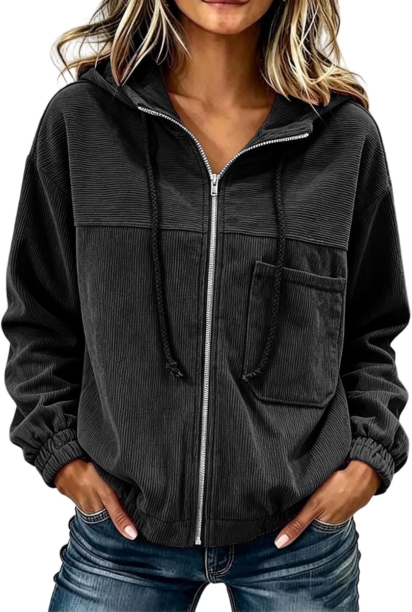 Corduroy Jacket for Women Full Zip Fall Coat with Pockets