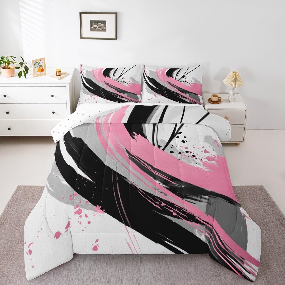 Erosebridal Grey Beige Purple Bedding Queen Size Brush Strokes Oil Painting Comforter Set Gradient Abstract Vintage Duvet Insert Ombre Graffiti Quilt Sets Contemporary Modern Bedding Comforters & Sets