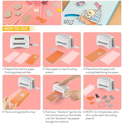 Miniatura 6 de Briartw Máquina troqueladora para manualidades, mini máquina troqueladora y 1 par de almohadillas de corte pequeñas, cortador de troqueles rosa,