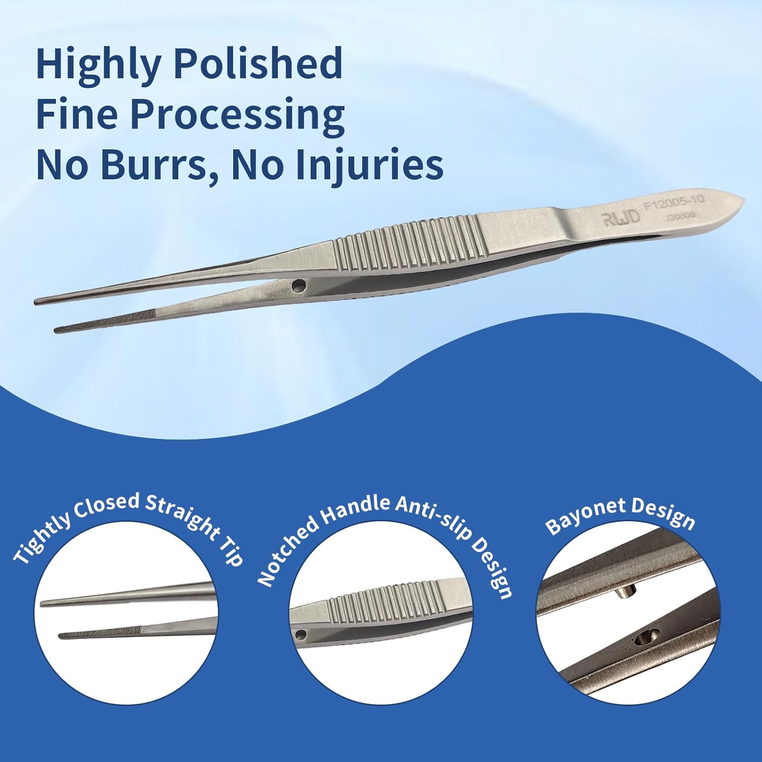 RWD IRIS Dressing Forceps 4", Martensitic Stainless Steel Medical Tweezers, 1mm Width Serrated Straight Tip, Micro Forceps Tweezer, Surgical Tweezer for High-Precision Handling (F12005-10)