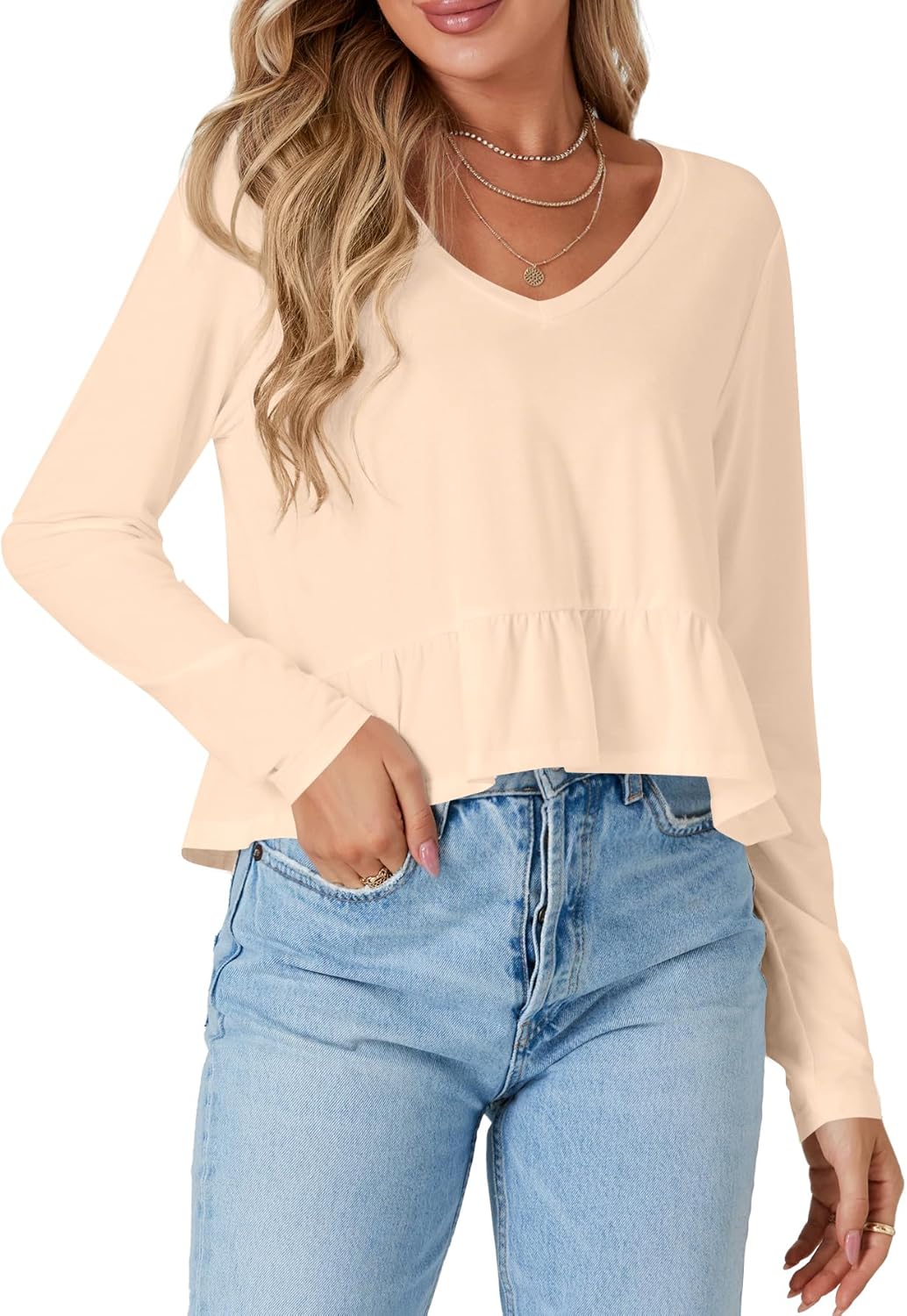 Vrtige Women's Casual V Neck Long Sleeve Peplum Ruffle Hem Babydoll Blouse Shirt Crop Top