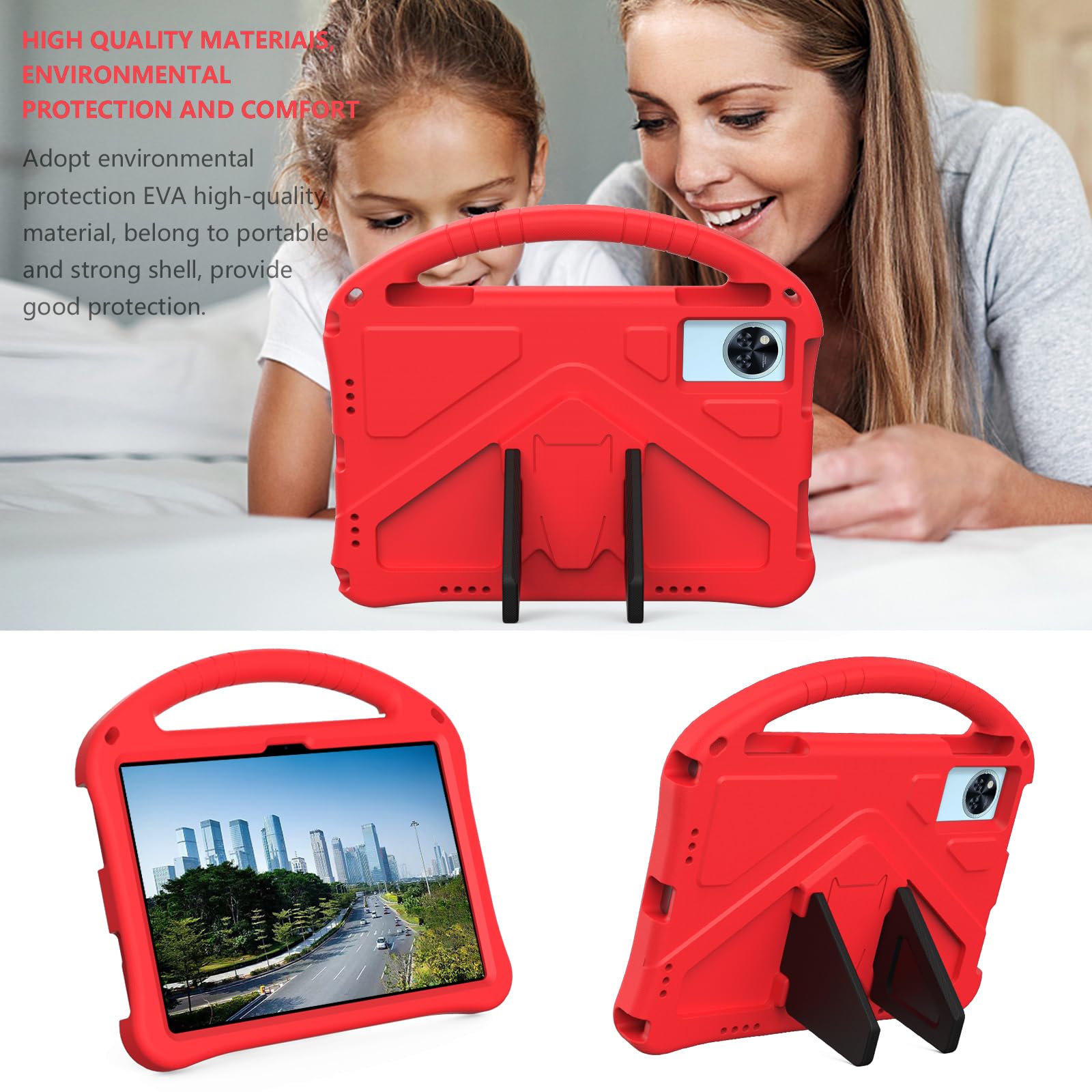 Custodia con cavalletto per bambini compatibile con Doogee U11/U11 Pro 11 pollici (2025), leggera copertura in EVA antiurto spessa protezione dagli urti copertura per tablet W tracolla + manico. Rosso