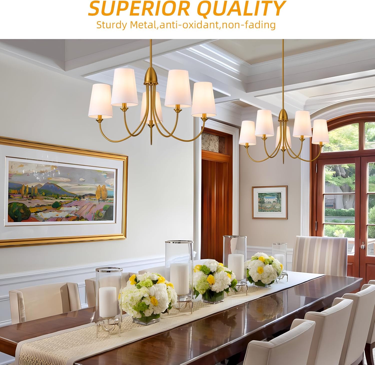 Gold Chandelier,5-Light Vintage Farmhouse Dining Room Light Fixture with White Fabric Shade,30" Modern Industral Chandelier for Bedroom Foyer Hall Porch Living Room Kitchen entryway Staircase