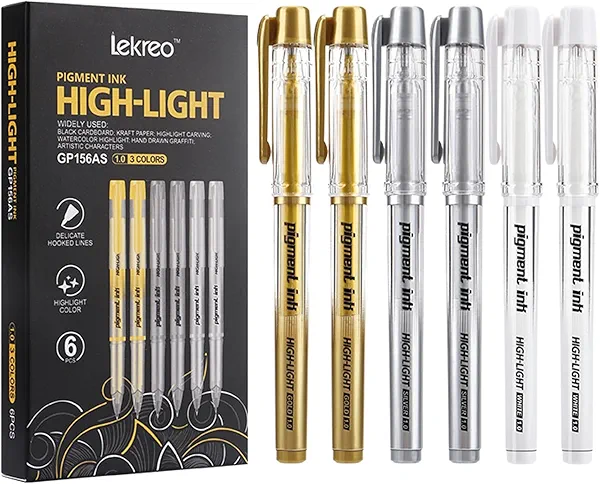 Lekreo Gold Silver White Ink Gel Pens, 1mm Medium Fine Point, Opaque archival Ink Pen for Dark Paper Drawing,Sketching, Illustration, Card Making, Bullet Journaling (Assorted Color - 6 Packs)