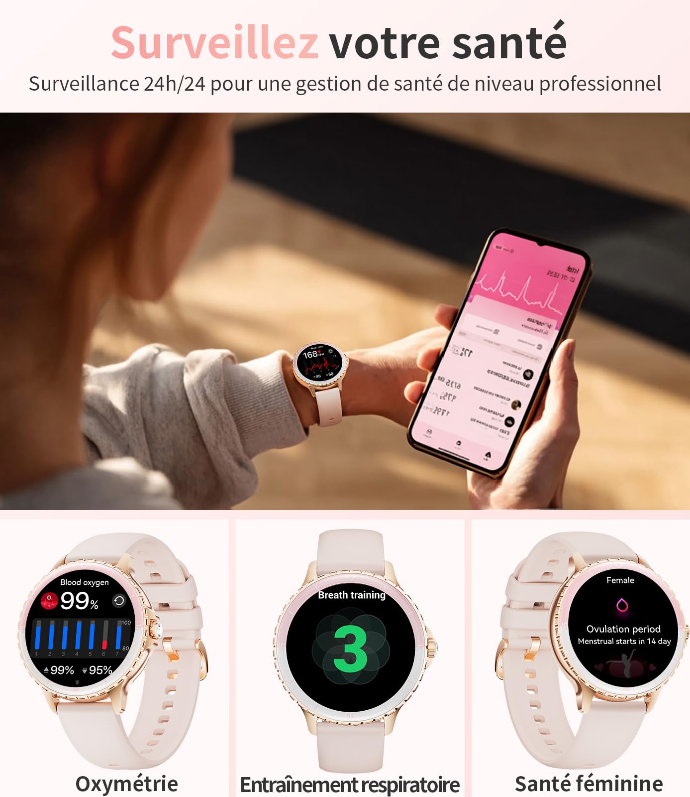 LIGE Montre connectée Femme Appels Téléphonique pour Android iOS 1,27" HD Rose Doré Acier Inoxydable Diamant Smartwatch Ronde,Fréquence Cardiaque,Moniteur de Sommeil,Podomètre,Calories,100+ Mode Sport