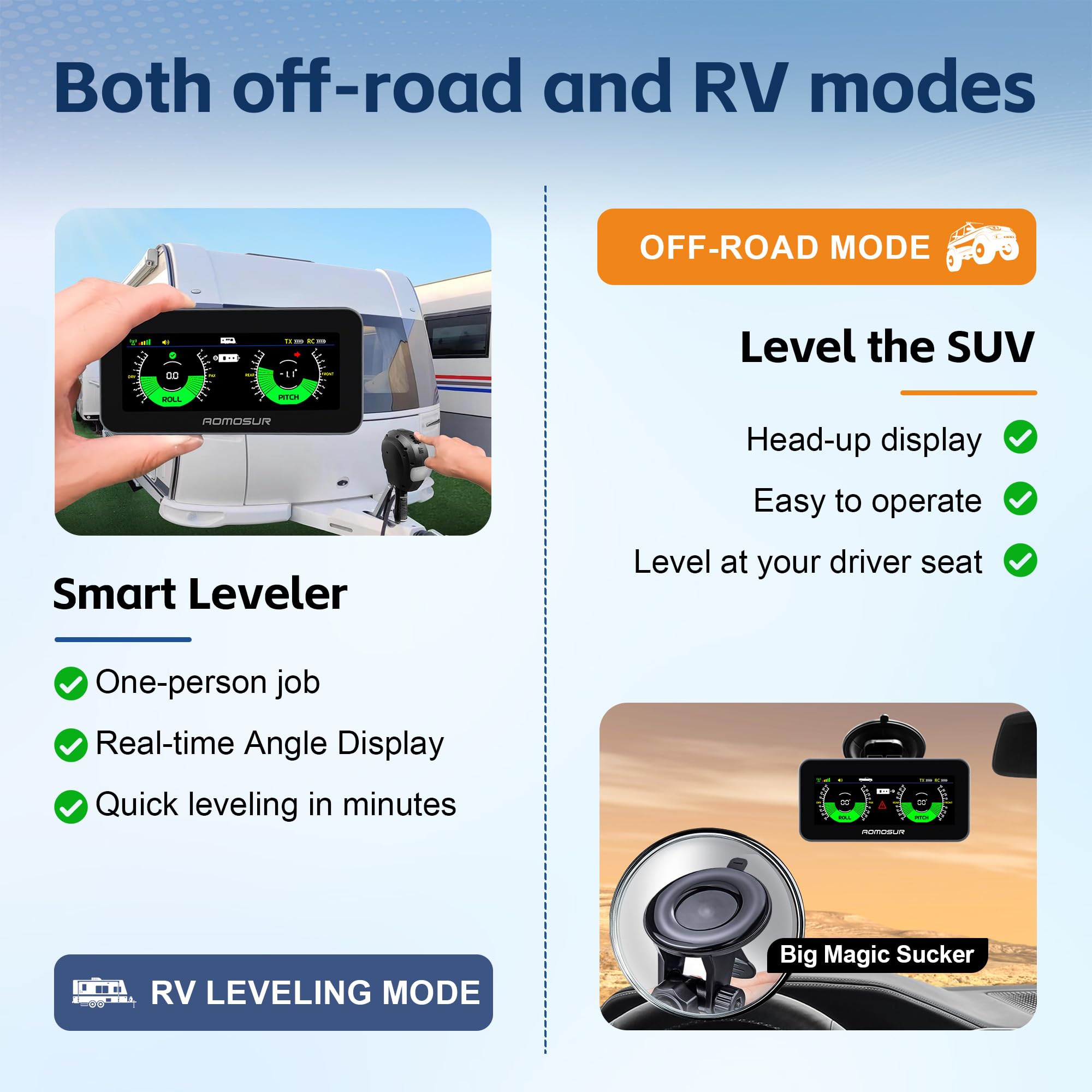 Sistema de nivelación inalámbrico de RV e inclinómetro todoterreno, monitoreo de ángulo de vehículo de modo dual, nivelador electrónico inteligente de caravana, indica el nivel automático del remolque