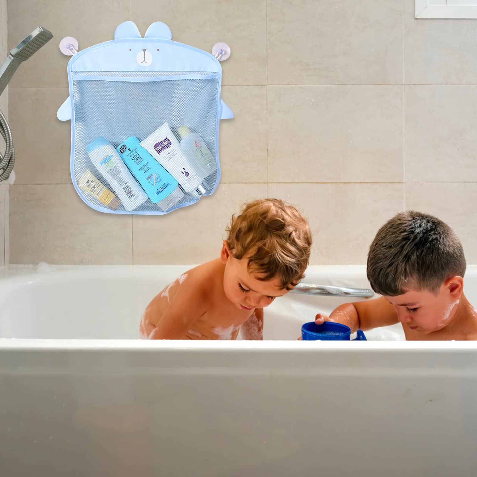 Badespielzeug Aufbewahrung Kinder, Netz Badespielzeug Organizer Set Spielzeugnetz Badewanne Netztasche aus Polyester, mit 2 Selbstklebend Haken zur Trocknung von Spielzeug (Blauer bär) Spielzeug