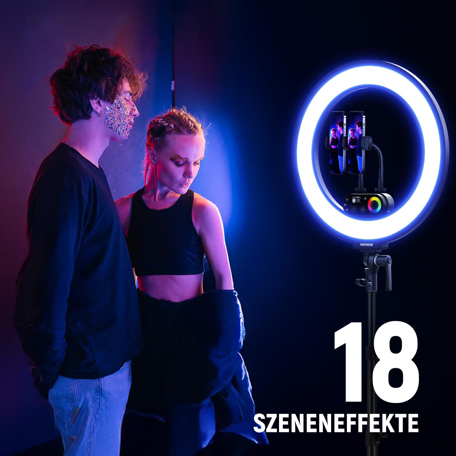NEEWER RL45C 18" 45W RGB LED Ringlicht Edge Lit Licht mit Handy Stativ Fernbedienung CRI95+ 3100lux/0,5m 2500K-10000K 360° Vollfarben App/2,4G Steuerung Kompatibel mit iPhone Selfie Make up Videos
