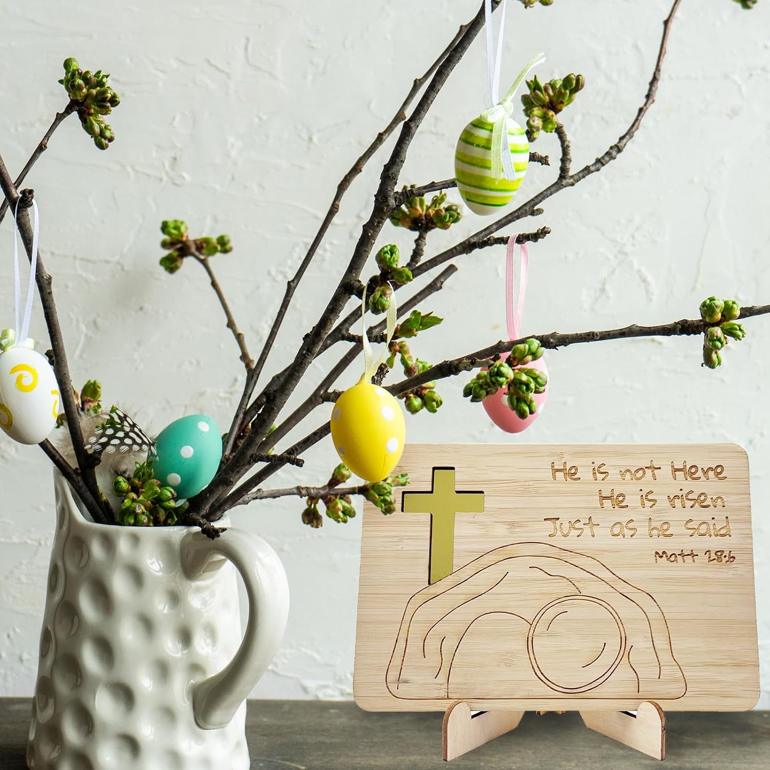 He is Risen Easter Wooden Card With Display Stand,Christian Wood Religious Easter cards for Kids, Family, Her, and Him,Wife or Husband
