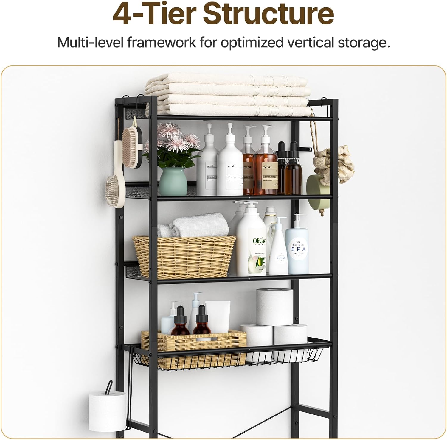4 Tier Over The Toilet Storage Rack, Bathroom Organizer Shelf Over Toilet with 4 Hook and Roll Holder, Space Save Freestanding Metal Bathroom Shelves