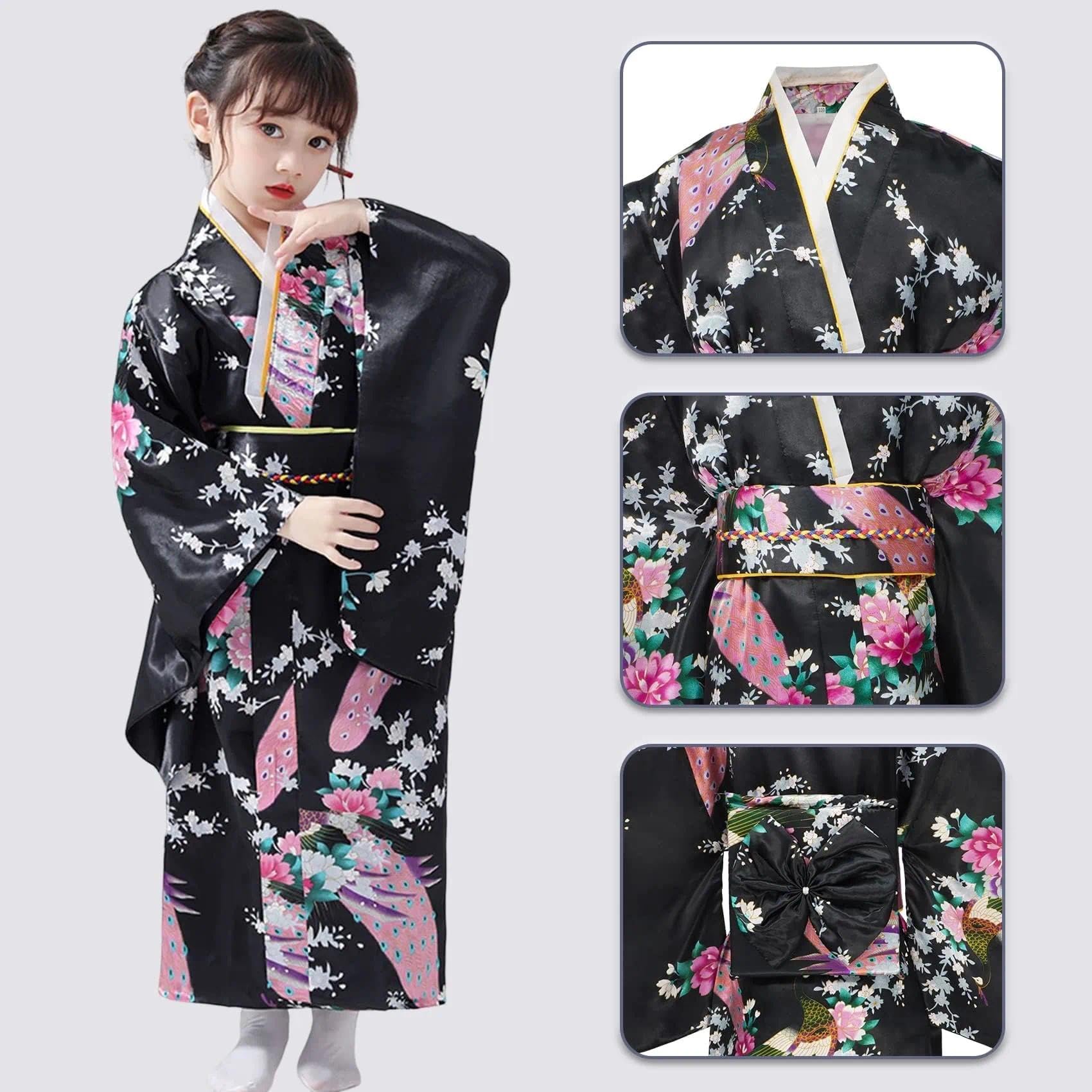 Niños Yukata Vendimia Estilo Japones - Niña Kimono Tradicional Ropa Seda Tela Túnica Desgaste Boda Partido Actuación Vestido