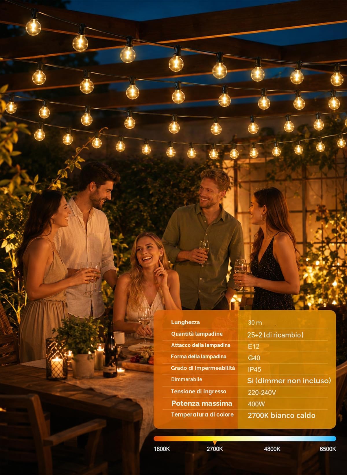Catena Luci Esterno 45M G40 IP44, 75+2 Lampadine Infrangibili 2700K