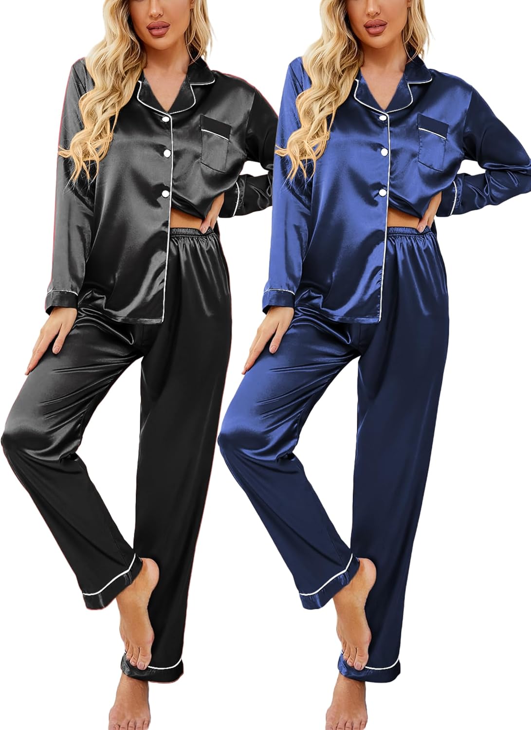 Ekouaer 2 Pack Satin Pajamas Set for Women Classic Button Down Silk Pjs Set Soft Sleepwear