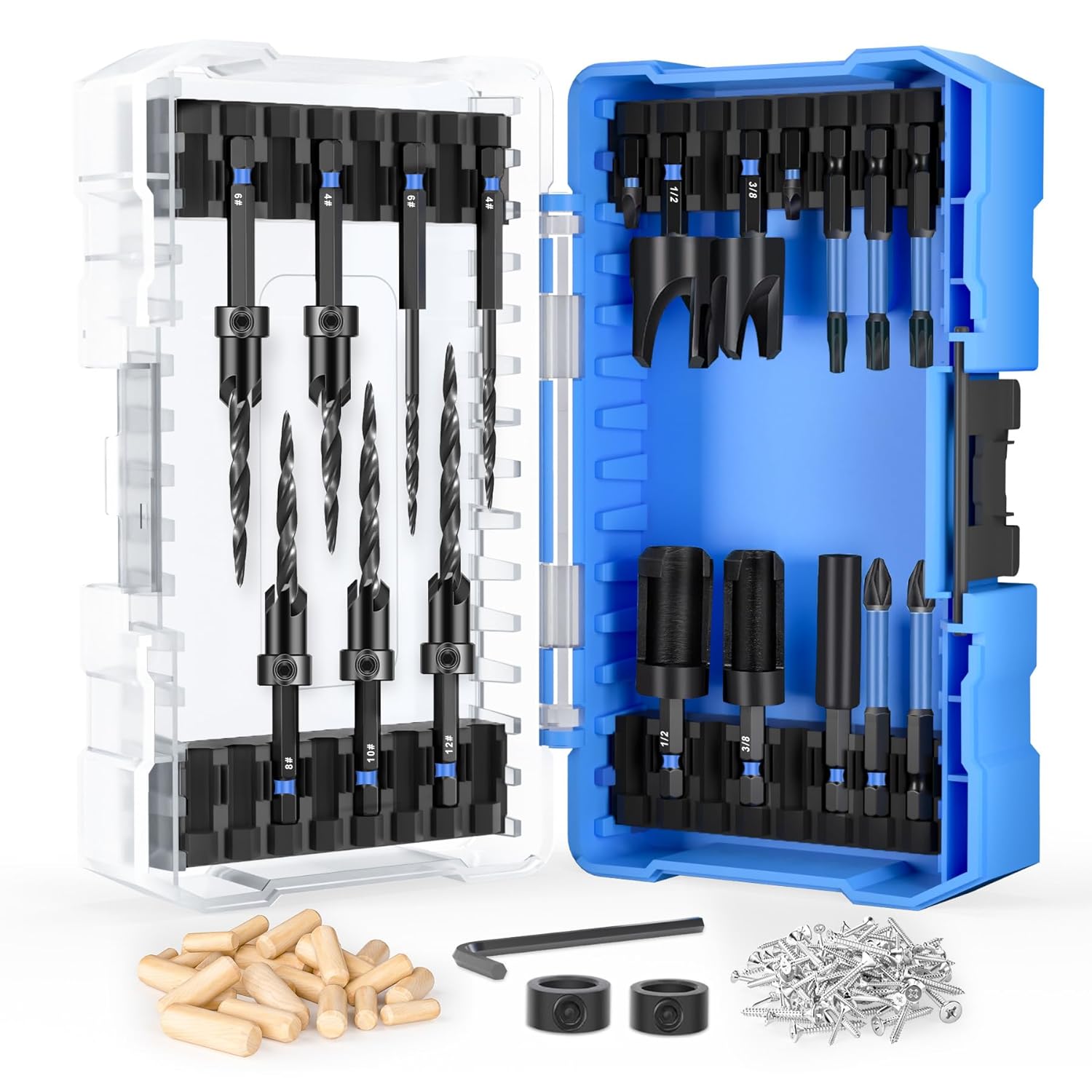 Countersink Drill Bit Set, Tapered Wood Drill Bits w/Plug Cutter, Adjustable Drill Bit Depth Stop, 1/4" Hex Shank Countersink Drill Bits w/Storage Box for Woodworking
