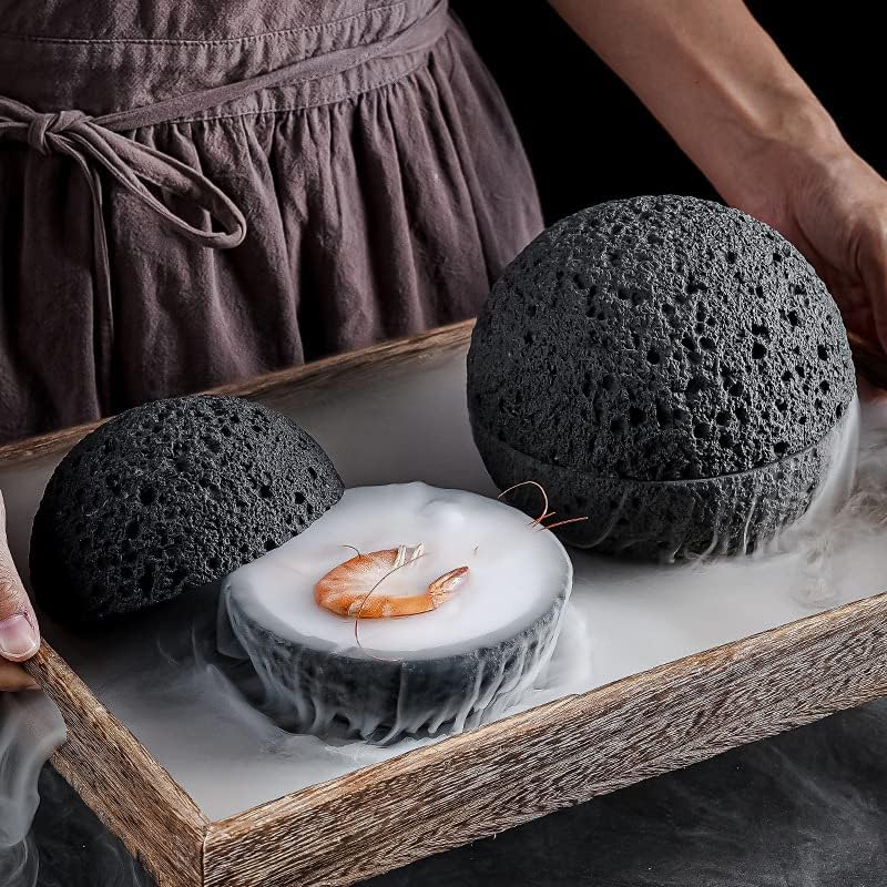 Volcanic rock spherical dry ice sushi tray, Plate Sashimi Sushi Steak, ceramic plate, Japanese sushi beef Sashimi plate, interior copper mesh, 4.8 inches in diameter