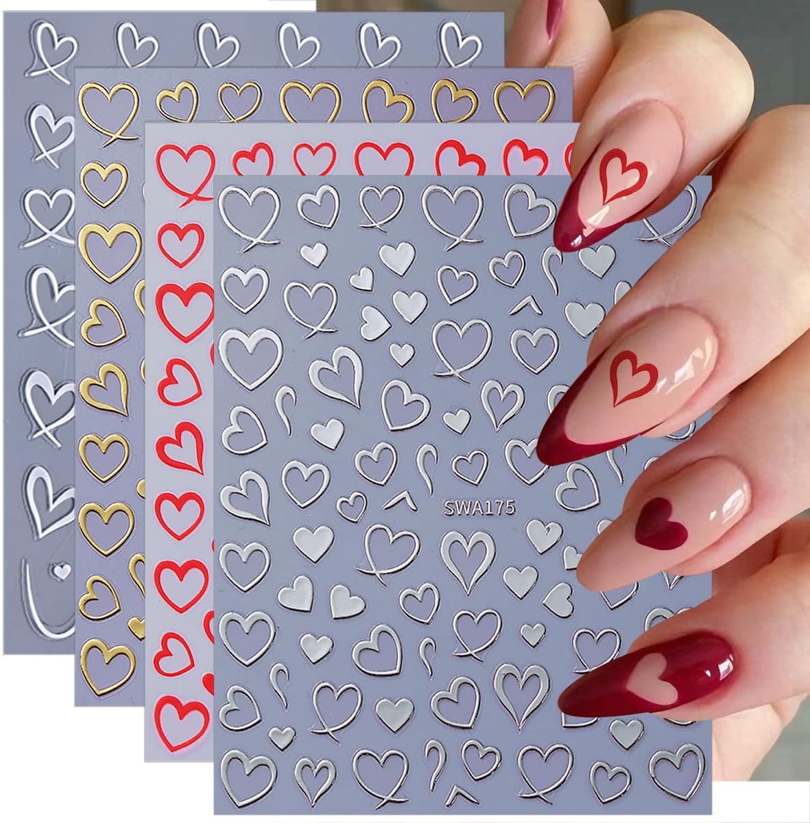 6 Sheets Heart Nail Stickers for Nail Art 3D Self-Adhesive Valentines Nail Art Stickers with Red Silver Gold Hollow Hearts Design Cute Love Heart Nail Decals DIY Manicure Decoration Kit for Women image 2