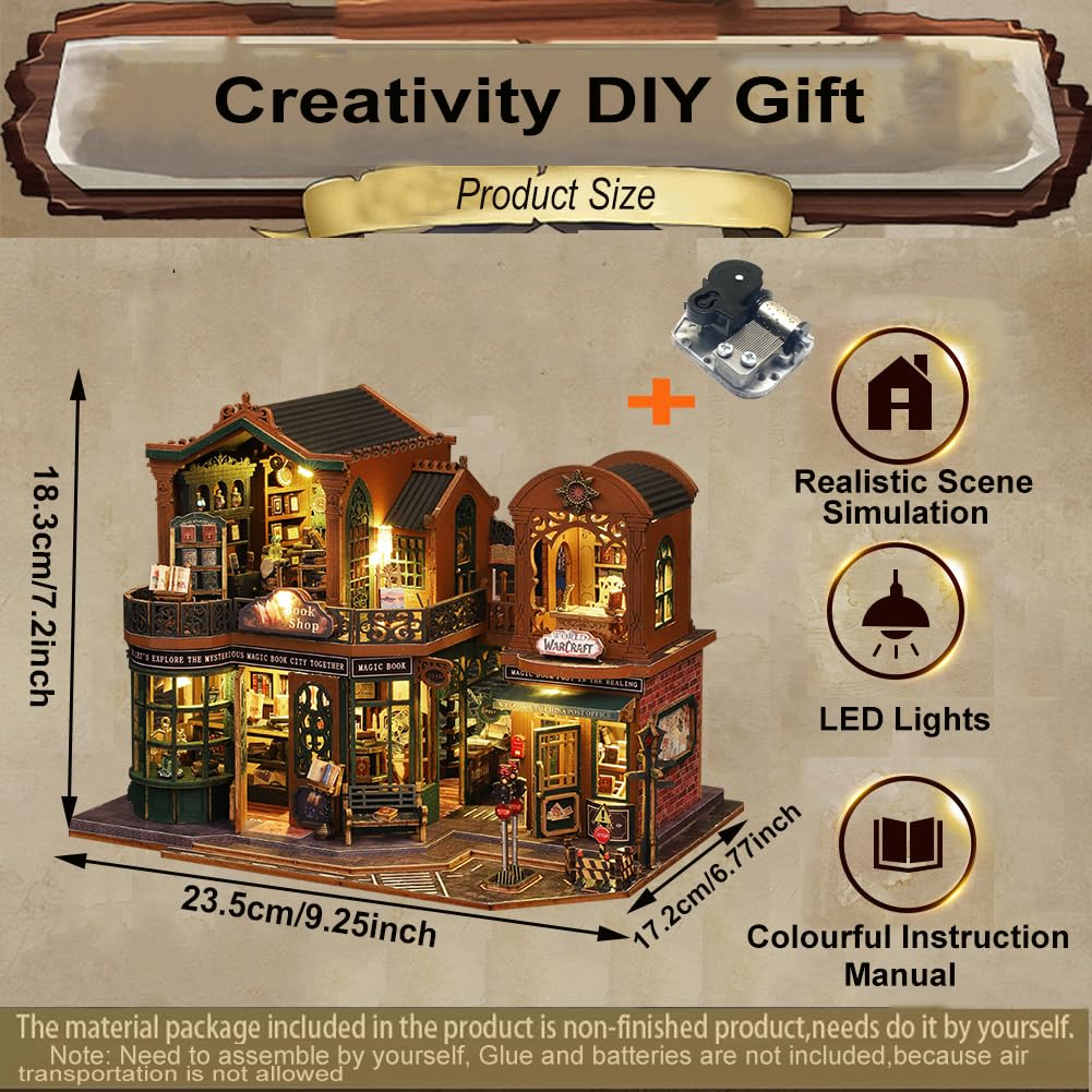 Kit De Construcción De Casa De Muñecas De Madera Para Adultos | Modelo 3D Con Luz LED | Tamaño 9,5x14,2x9,5 Cm | Ideal Para Decorar Y Regalar | Incluye Baterías Y Vitrina