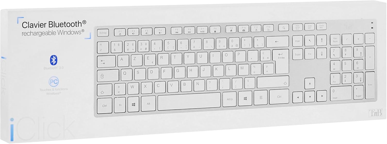 T'nB iClick KBWIN Bluetooth Rechargeable Aluminum Keyboard packaging, showing the keyboard layout and Bluetooth 3.0 compatibility.