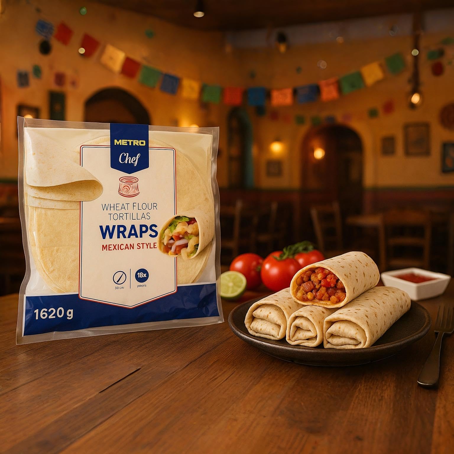 METRO Chef Tortilla Wraps Mexicanos Chef – Tortillas de Trigo 30cm, Suaves y Flexibles, Ideales para Burritos, Fajitas y wraps -| (6 PAQUETES, Wraps 30cm Contiene 18 Unidades (1620 g aprox.))