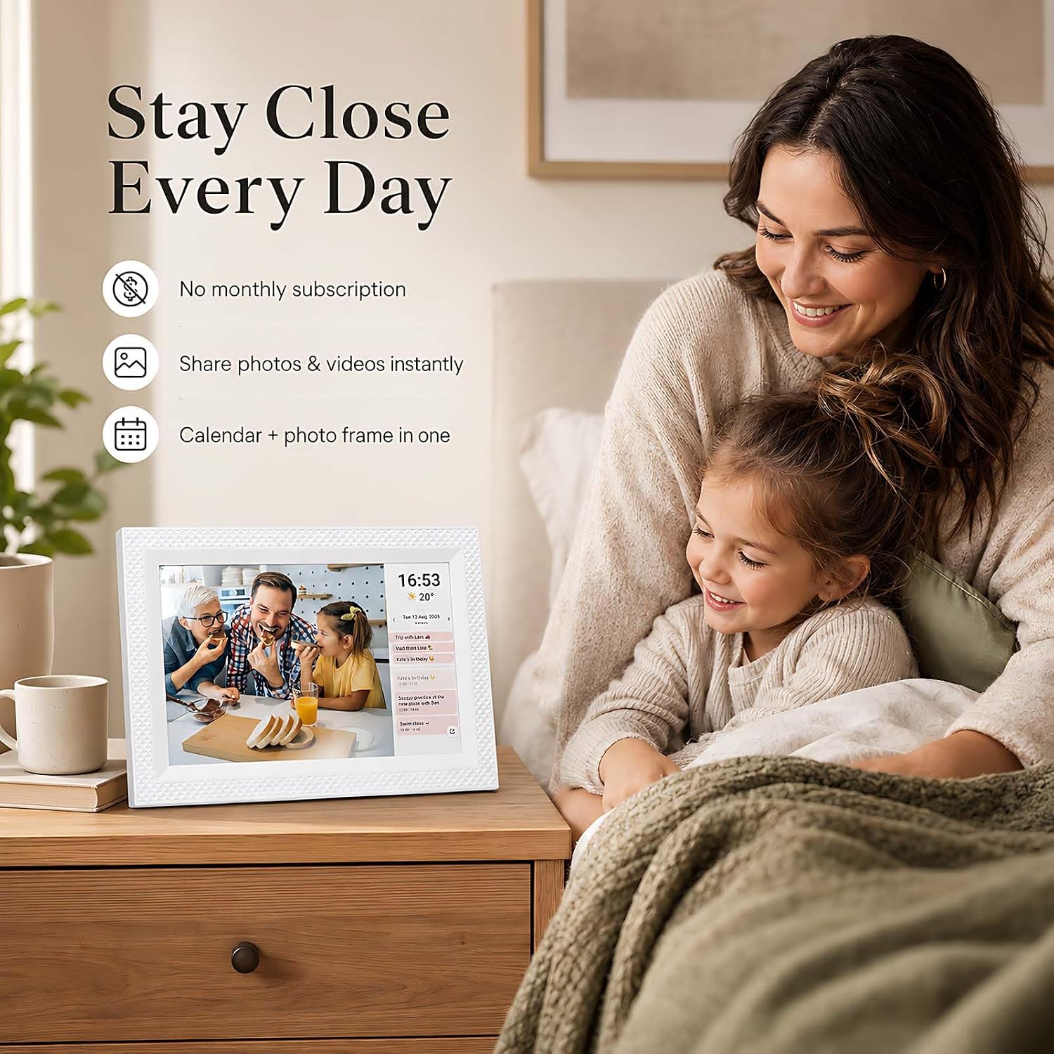 Frameo Digital Picture Frame 10.1" Digital Calendar 2-in-1|WiFi Smart Photo Frame16GB with 1280x800 HD Touchscreen|Sync Family Calendars Planner|Share Photos/Videos from Phone|Gifts for Mom Parents