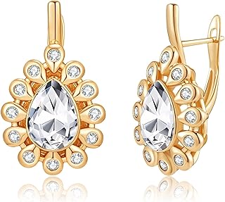 Stunning Austrian Crystal Halo Teardrop Leverback Drop Earrings for Women 14K Gold Plated Hypoallergenic Jewelry