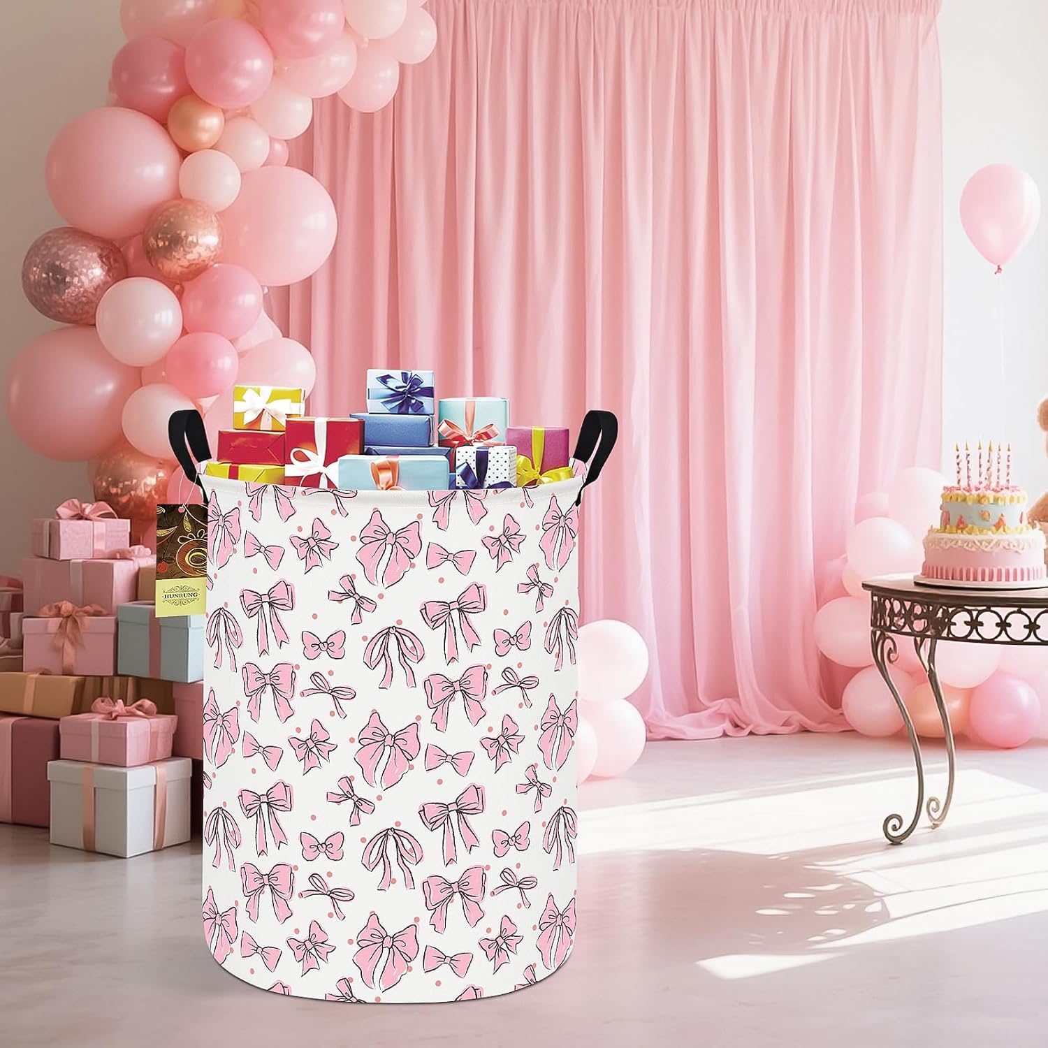 Round Fabric Collapsible Storage Basket with Handles, Pink Bow image 5
