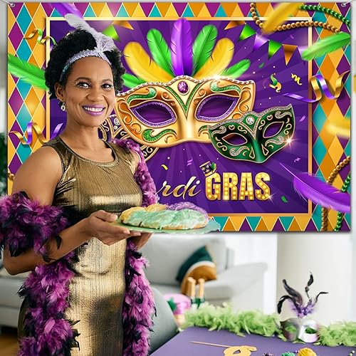 Miniatura 3 de Decoración de fiesta de Mardi Gras decoración de fondo amarillo y morado para actividades de carnaval suministros de fiesta temática de Mardi Gras