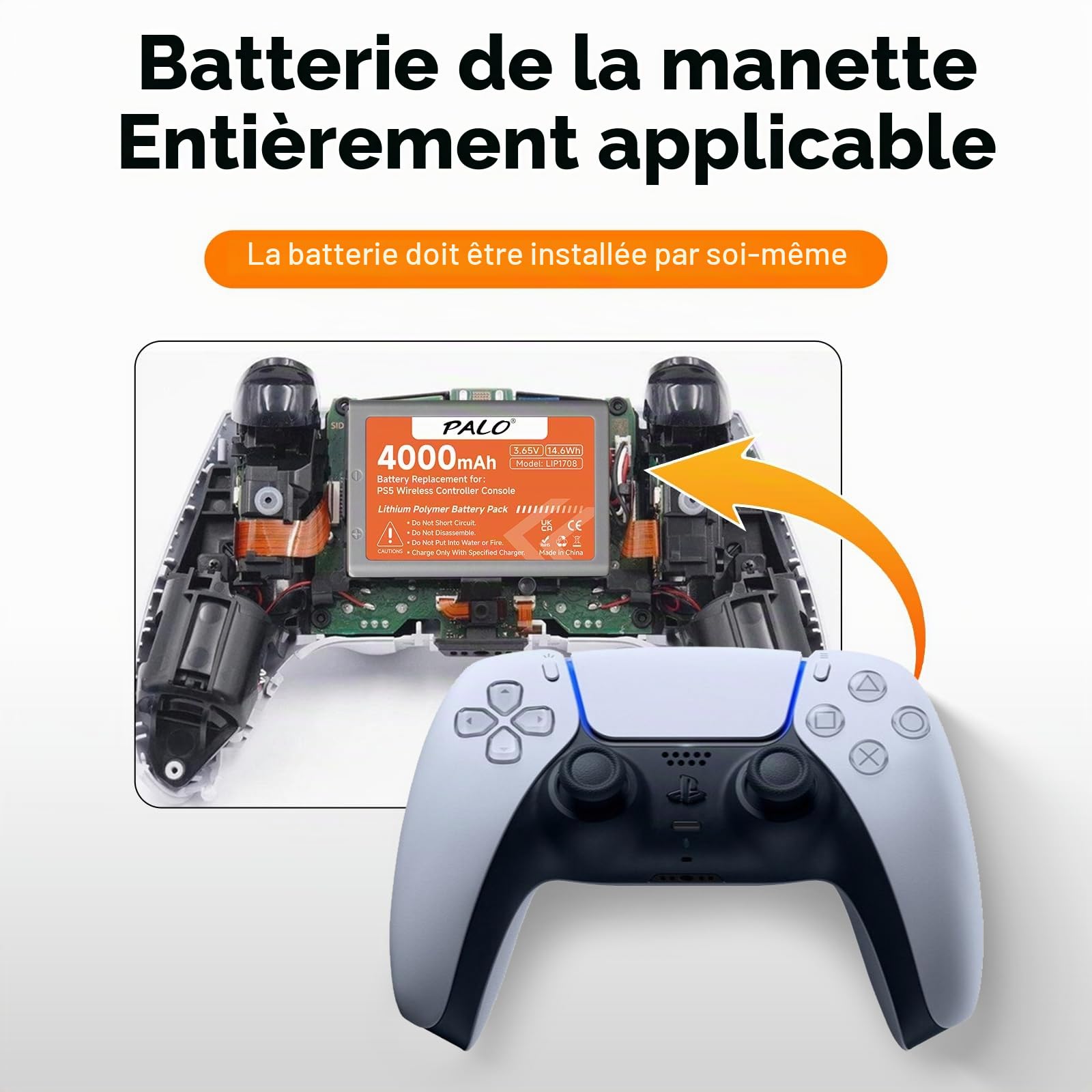 4000mAh PS5 Batterie de Manette - Batterie au Lithium Rechargeable Haute capacité pour LIP1708, PS5 Dual Sense, CFI-ZCT1W, CFI-ZCT1J（3,65 V/14,6 Wh） (2Pcs)