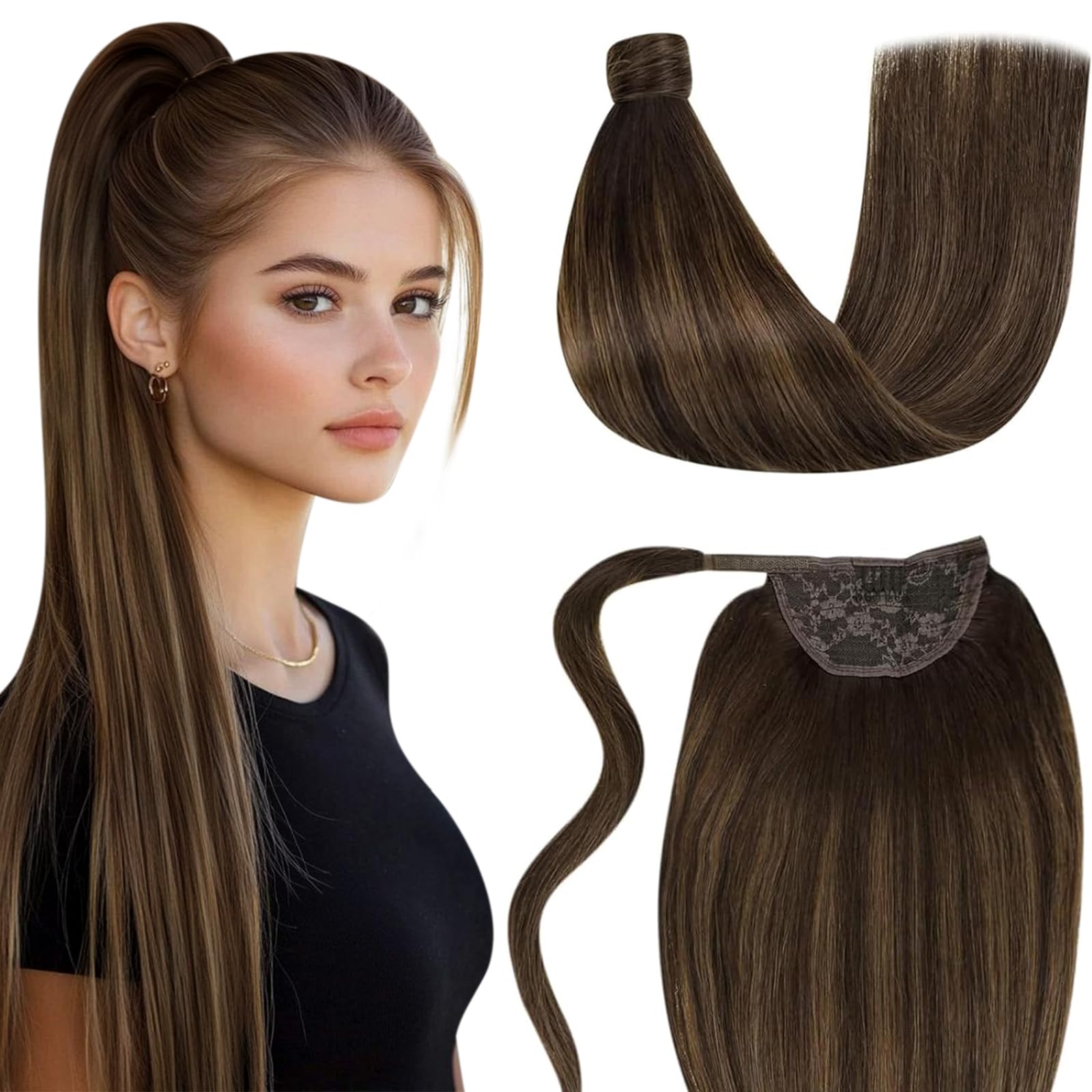 LaaVoo Pony Tail Extensions Real Human Hair 16 Inch 80g Balayage Darkest Brown to Light Brown Remy Straight Ponytail hair Extensions #2/8/2