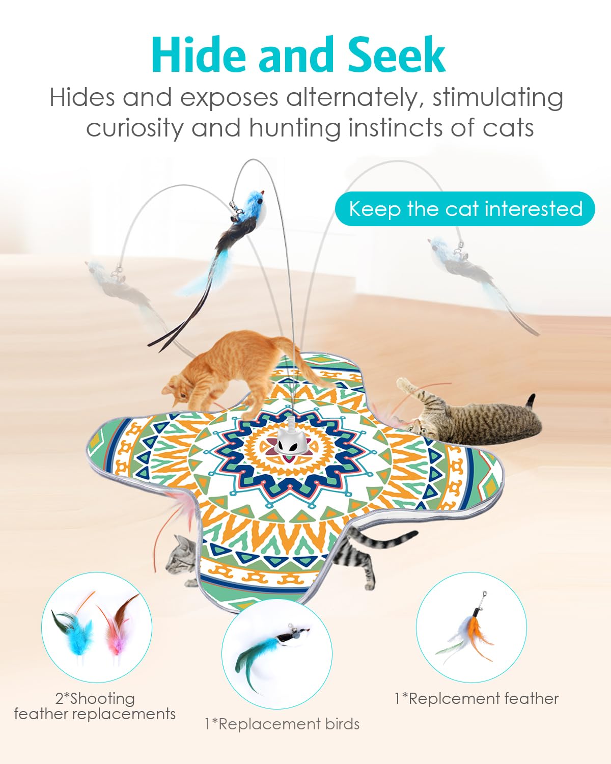 Juguete interactivo para gatos, juguetes recargables para gatos de interior, juguete automático de persecución de gatos, escondite, 2 modos, base de succión autosuficiente, juguetes de plumas